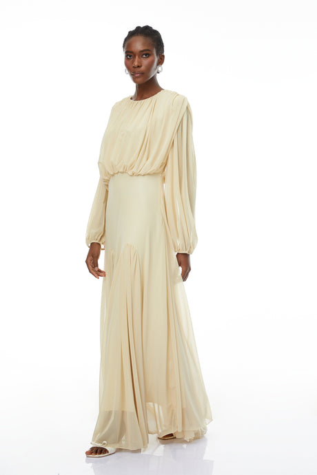 Aurohaya Annabelle Yellow Lantern Sleeve Pleated Maxi Dress