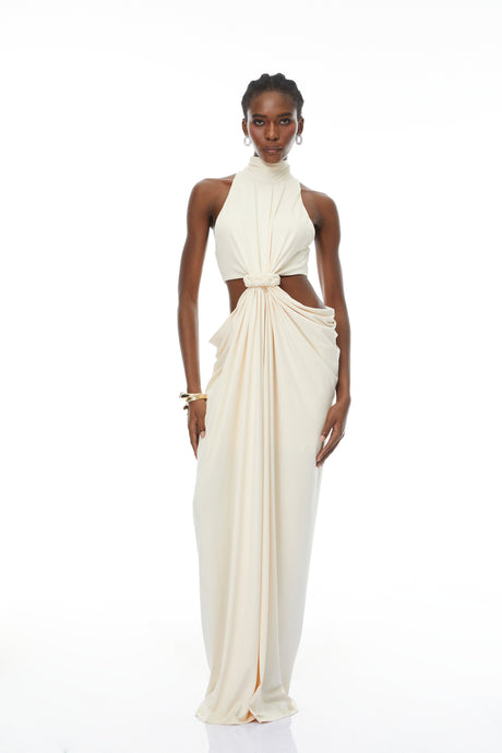 Aurohaya Joaquín Neutral Braid Detail Ruched Dress Maxi