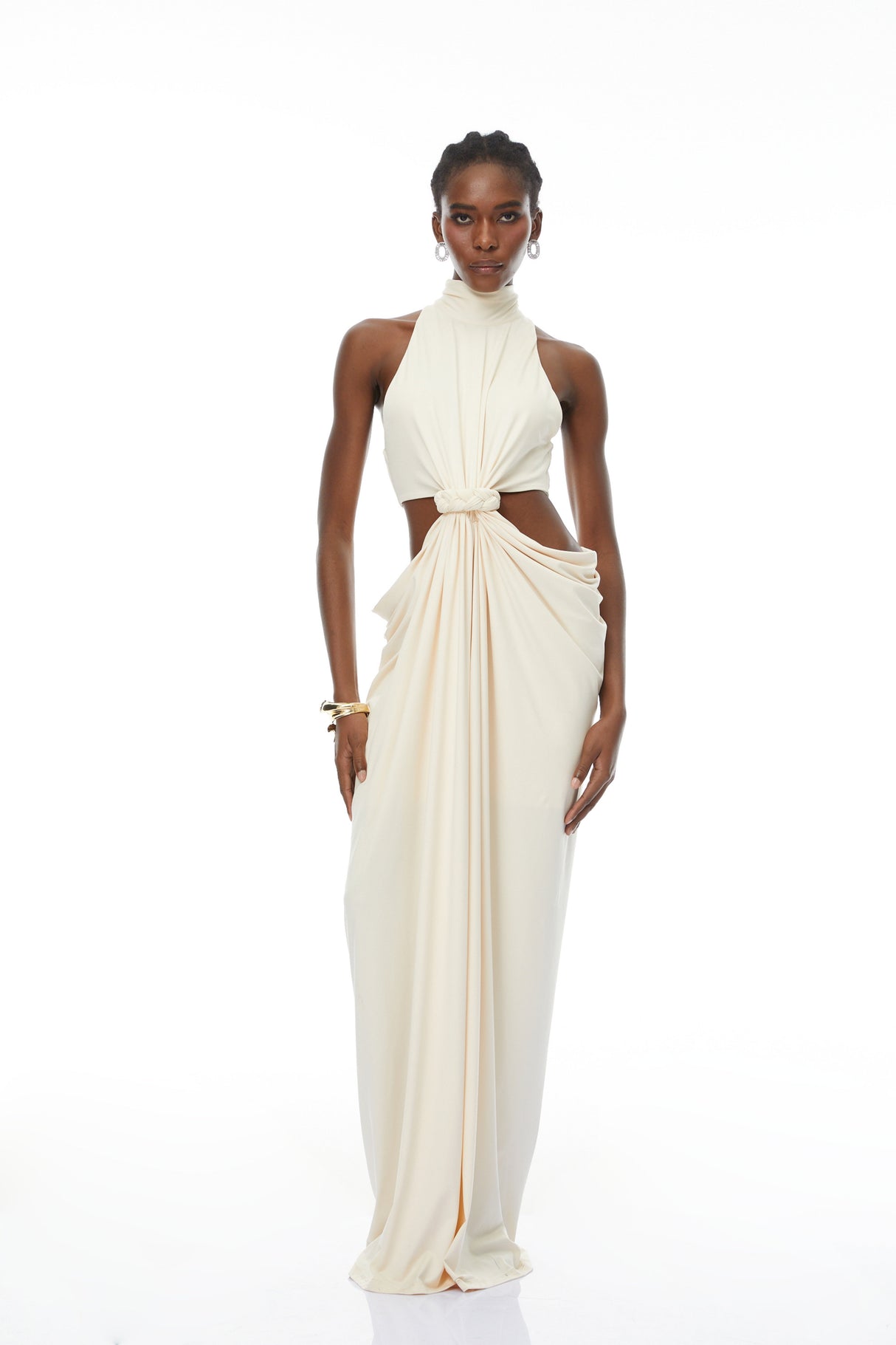Aurohaya Joaquín Neutral Braid Detail Ruched Dress Maxi