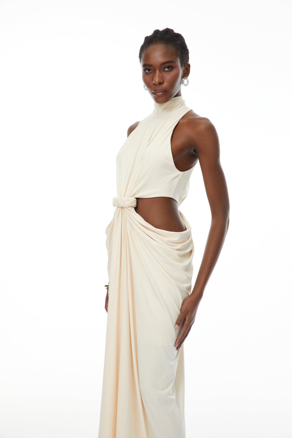 Aurohaya Joaquín Neutral Braid Detail Ruched Dress Maxi