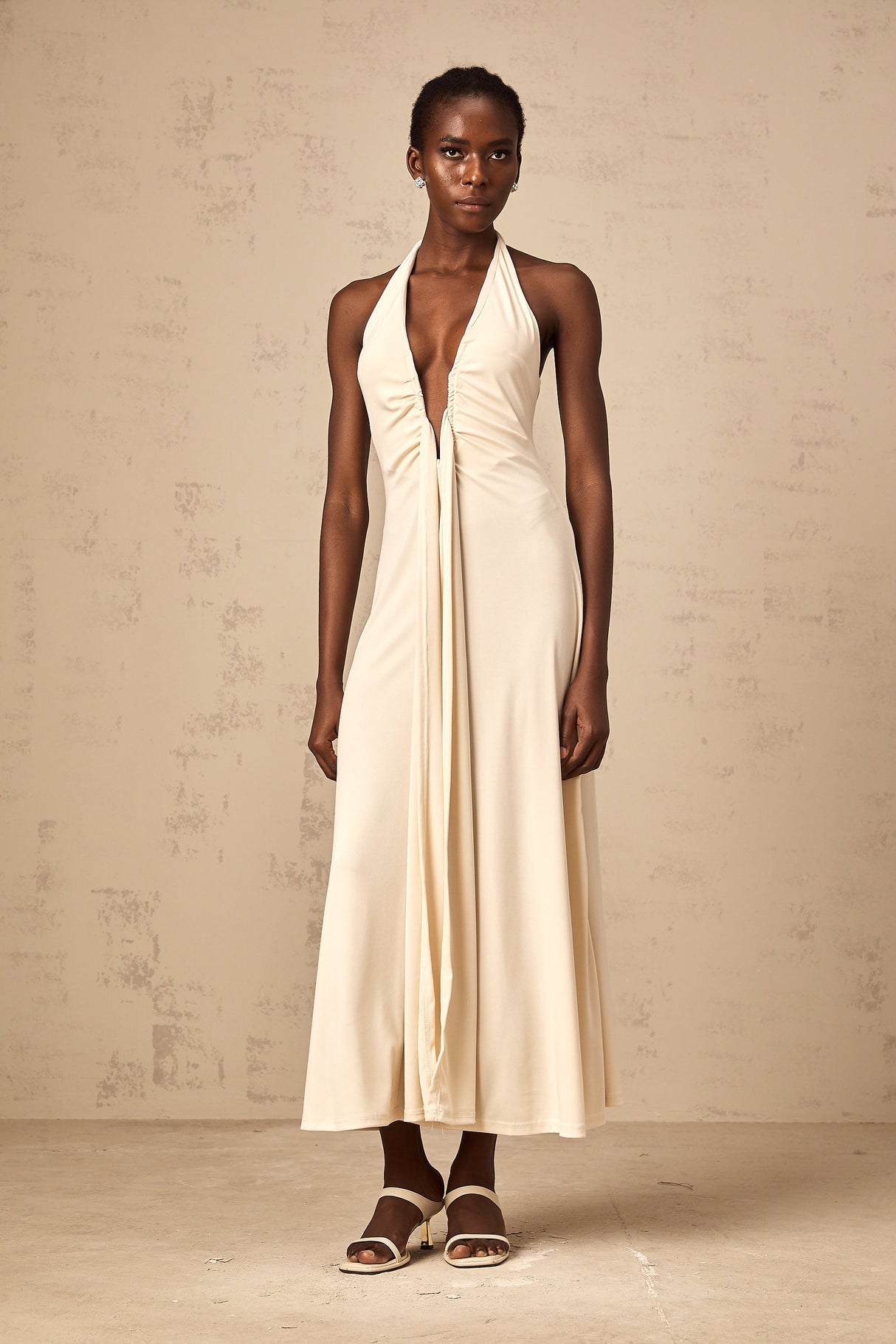 Aurohaya Géraldine white deep V-neck draped maxi dress