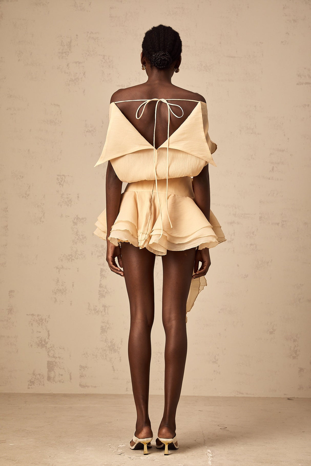 Aurohaya Amélie floral-appliqué flounced mini dress in Neutrals
