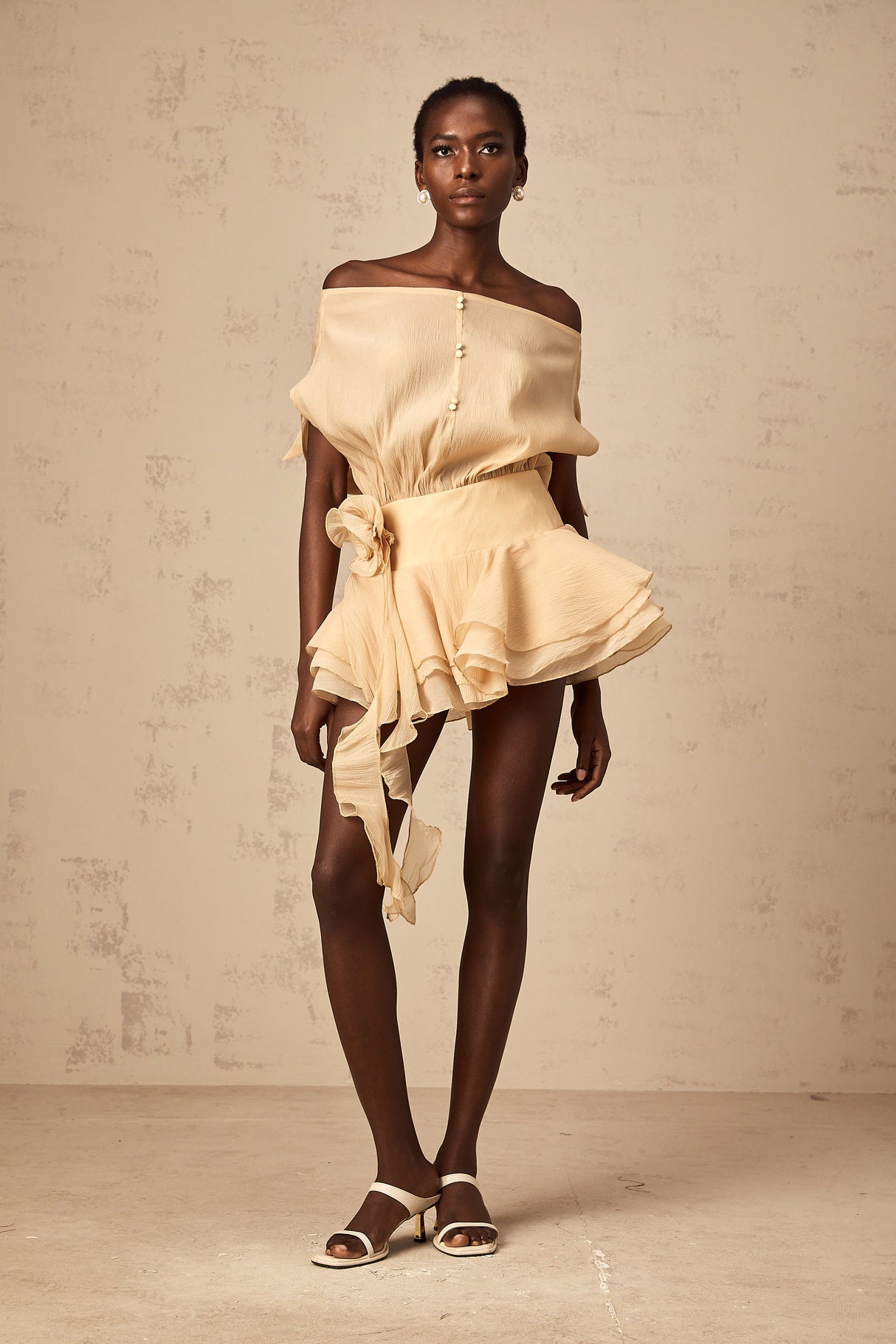 Aurohaya Amélie floral-appliqué flounced mini dress in Neutrals