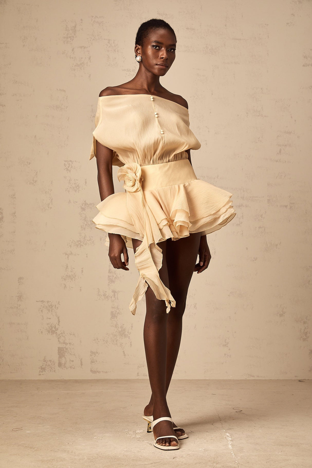 Aurohaya Amélie floral-appliqué flounced mini dress in Neutrals