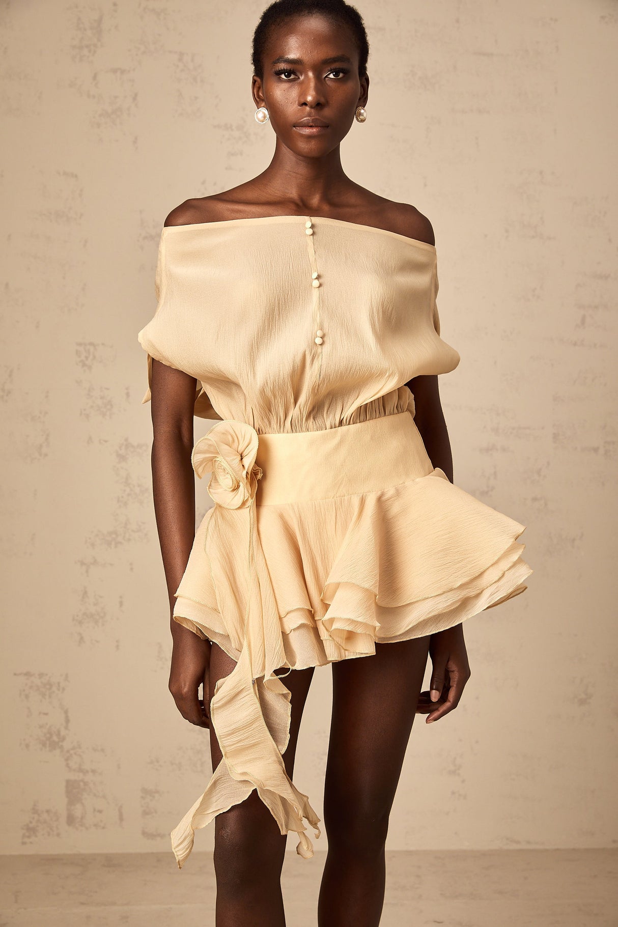Aurohaya Amélie floral-appliqué flounced mini dress in Neutrals
