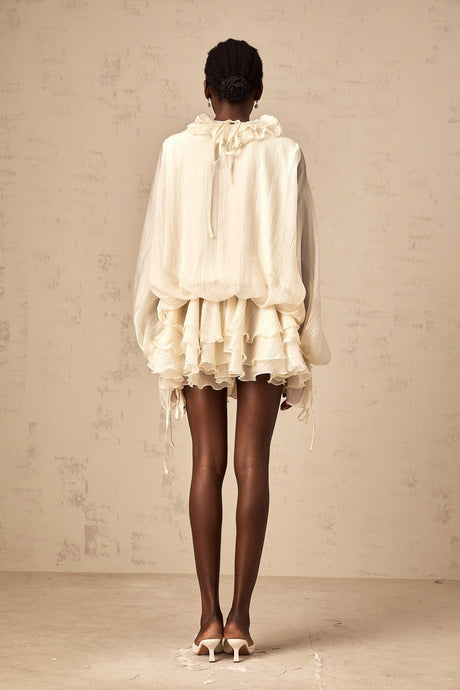 Aurohaya Léonie floral-appliqué tiered mini dress in Neutrals