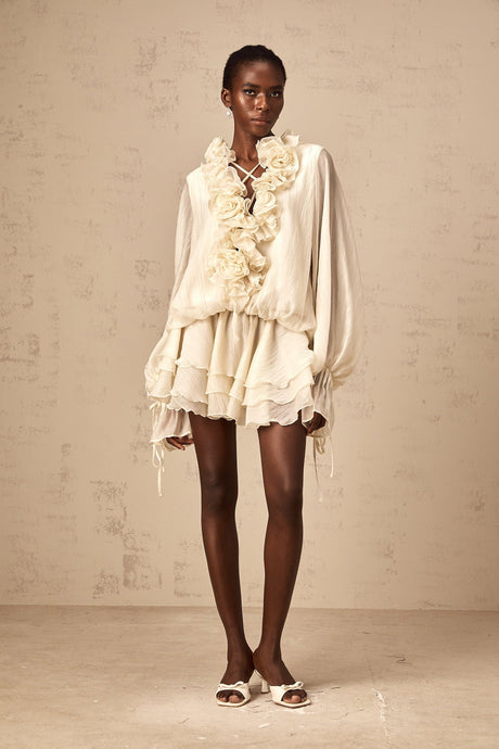 Aurohaya Léonie floral-appliqué tiered mini dress in Neutrals