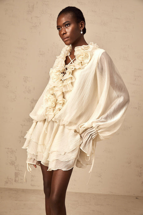 Aurohaya Léonie floral-appliqué tiered mini dress in Neutrals