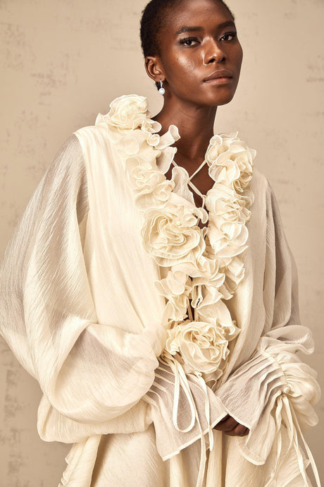 Aurohaya Léonie floral-appliqué tiered mini dress in Neutrals