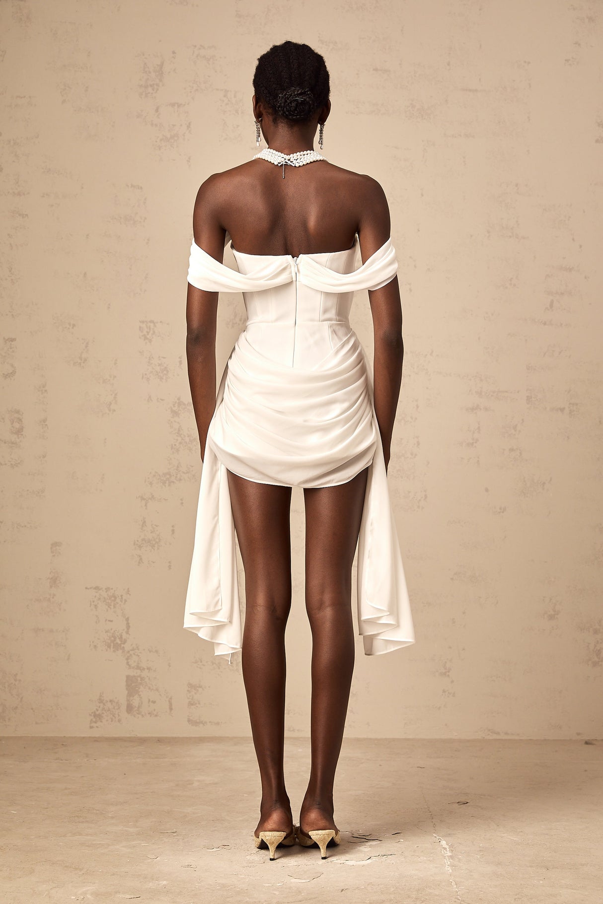 Aurohaya Gitta white ribbon-design ruched mini dress
