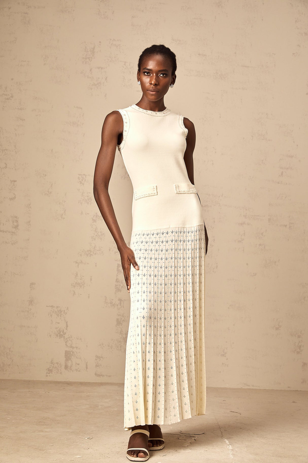 Aurohaya Donatienne white faux-pearl knitted maxi dress