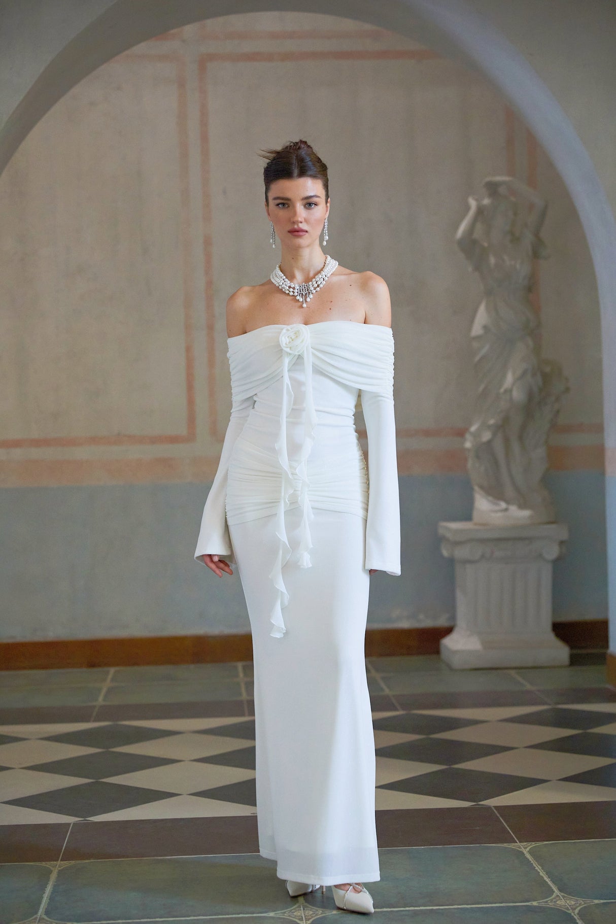 Aurohaya Wanda white glittered floral-appliqué knit maxi dress