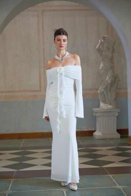 Aurohaya Wanda white glittered floral-appliqué knit maxi dress