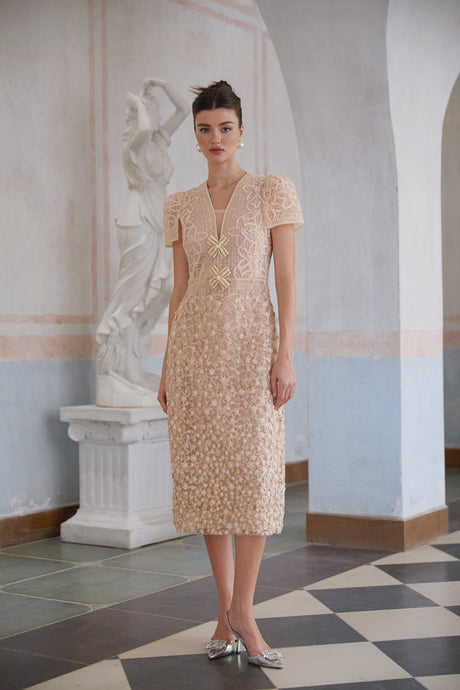 Aurohaya Bérengère Neutrals Faux-flower Crochet Midi Dress