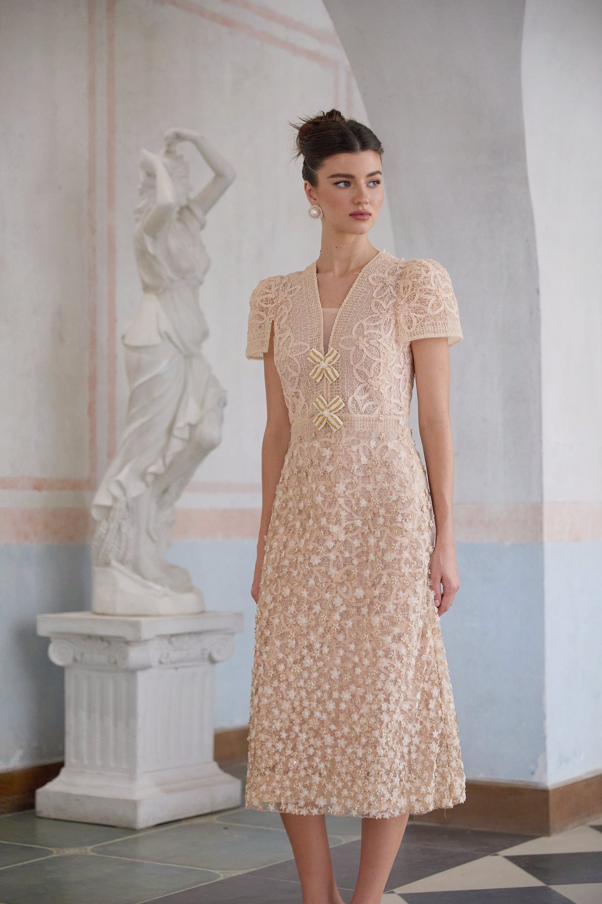 Aurohaya Bérengère Neutrals Faux-flower Crochet Midi Dress