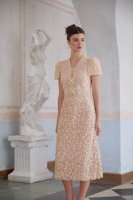 Aurohaya Bérengère Neutrals Faux-flower Crochet Midi Dress