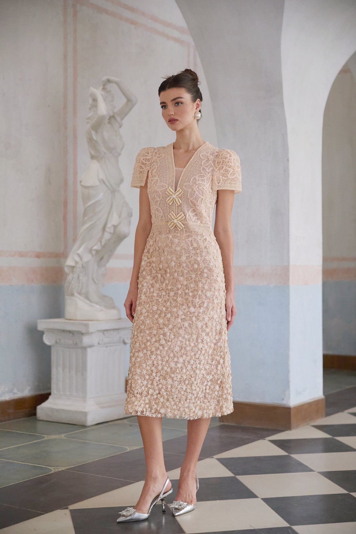 Aurohaya Bérengère Neutrals Faux-flower Crochet Midi Dress