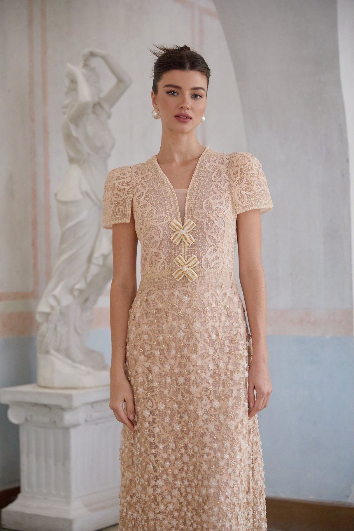 Aurohaya Bérengère Neutrals Faux-flower Crochet Midi Dress