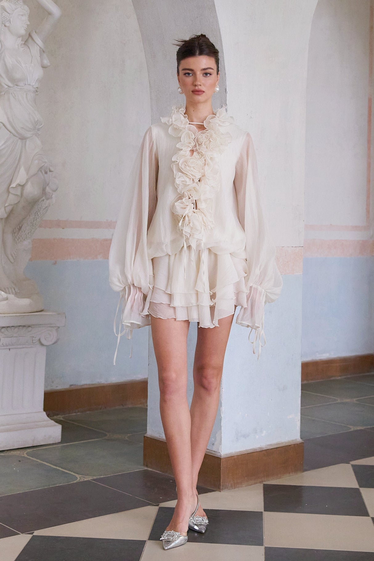 Aurohaya Zéphyrine floral-appliqué tiered mini dress in Neutrals