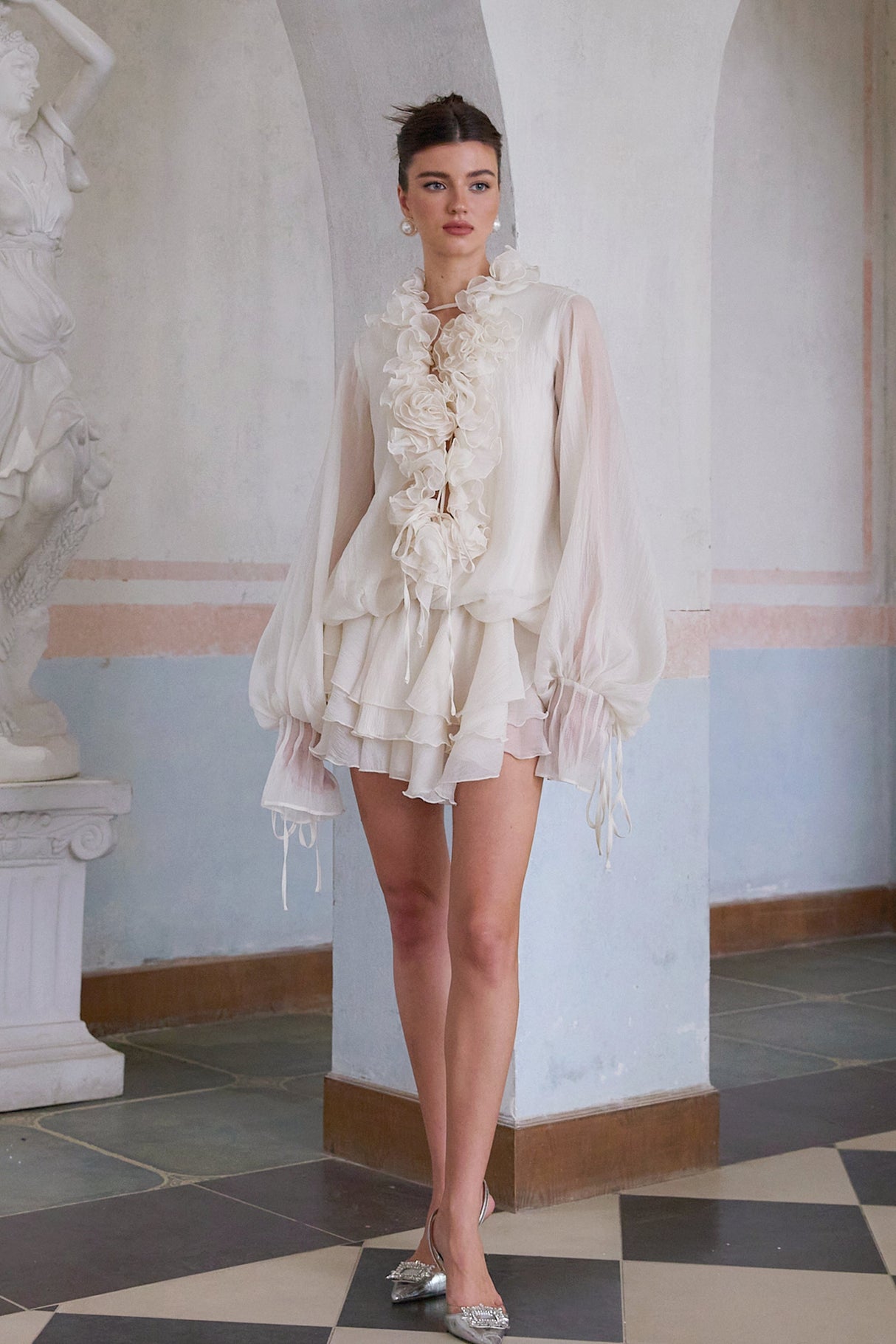 Aurohaya Zéphyrine floral-appliqué tiered mini dress in Neutrals