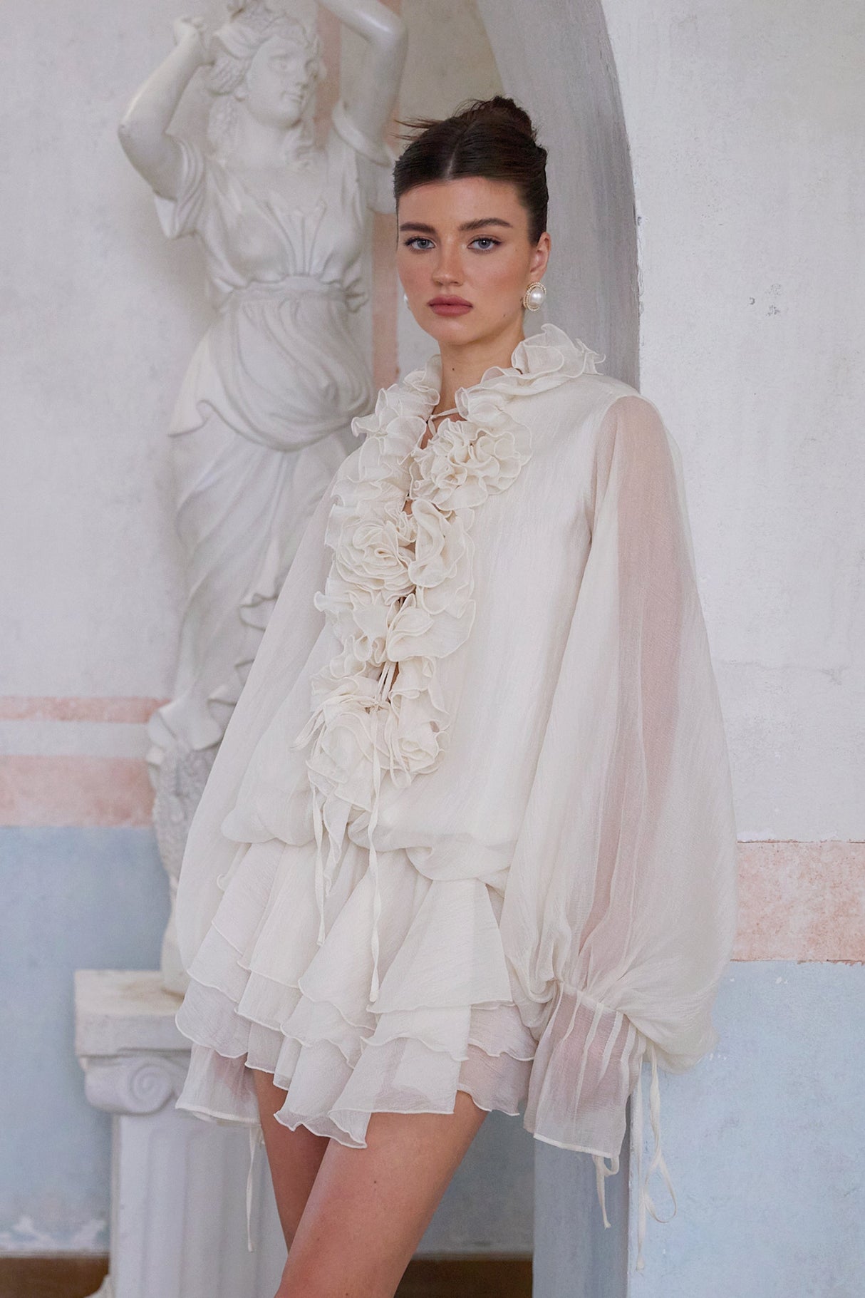 Aurohaya Zéphyrine floral-appliqué tiered mini dress in Neutrals