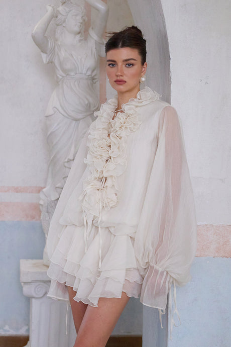 Aurohaya Zéphyrine floral-appliqué tiered mini dress in Neutrals