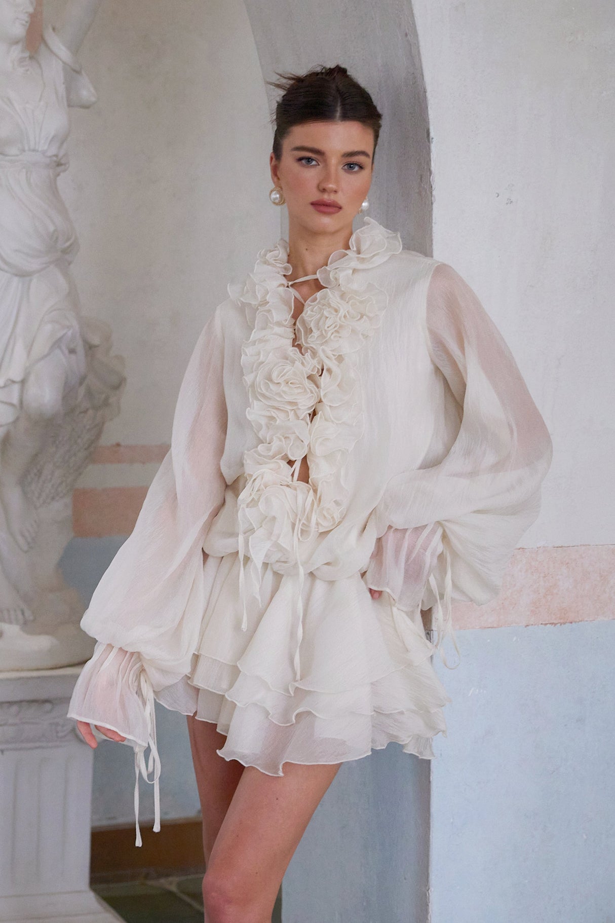 Aurohaya Zéphyrine floral-appliqué tiered mini dress in Neutrals