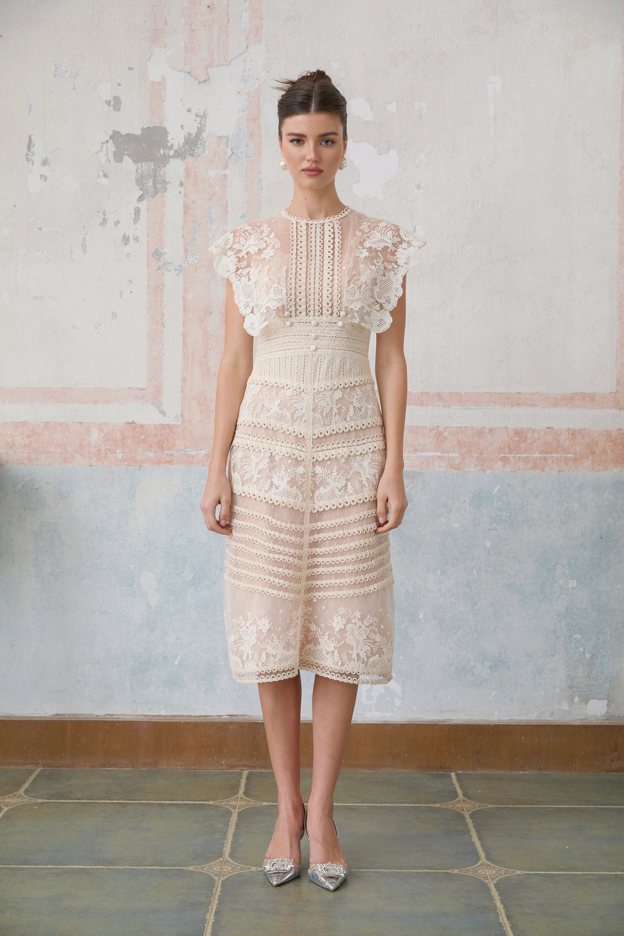 Aurohaya Fleur floral-embroidered lace midi dress in Neutrals