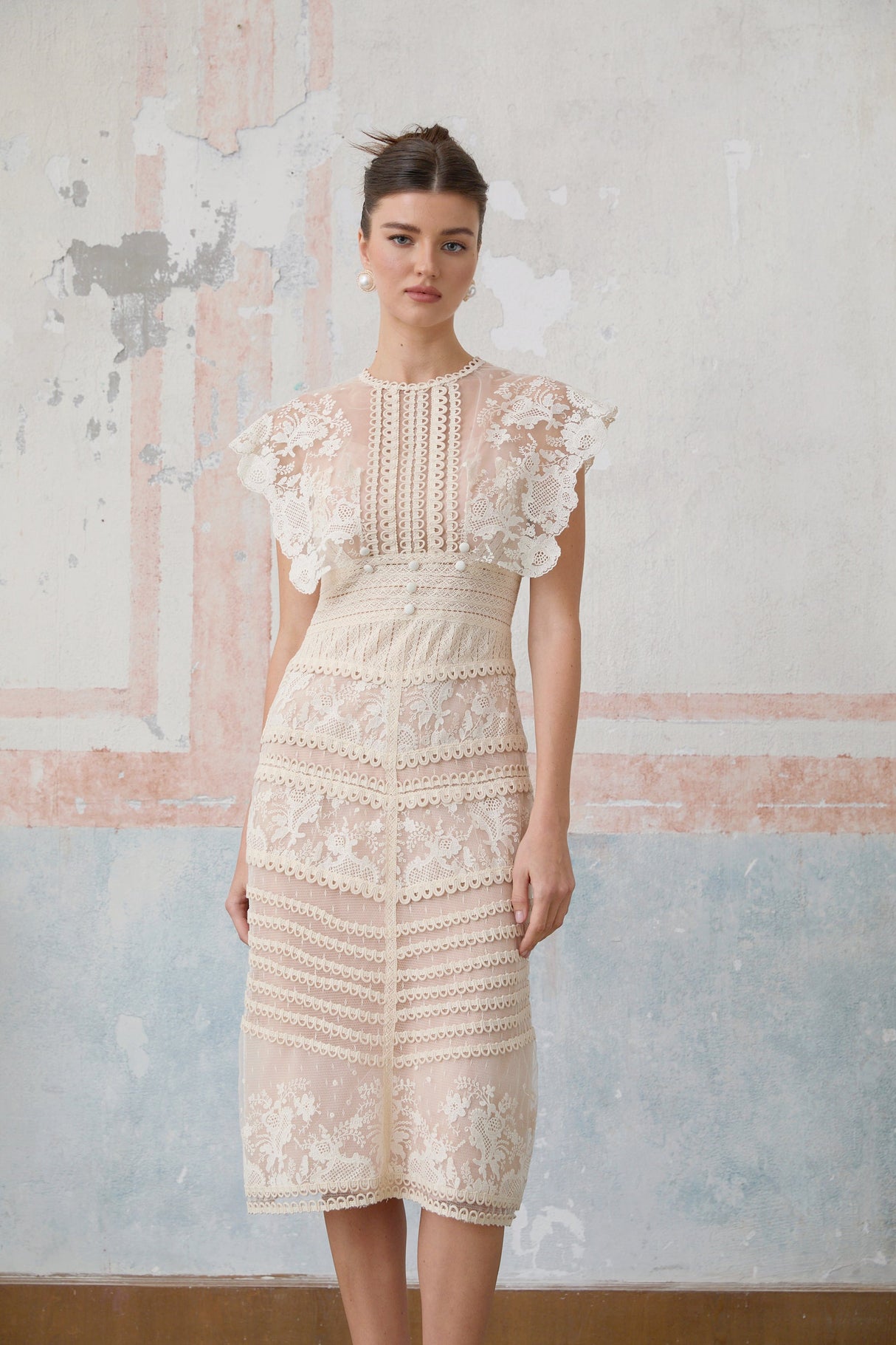 Aurohaya Fleur floral-embroidered lace midi dress in Neutrals