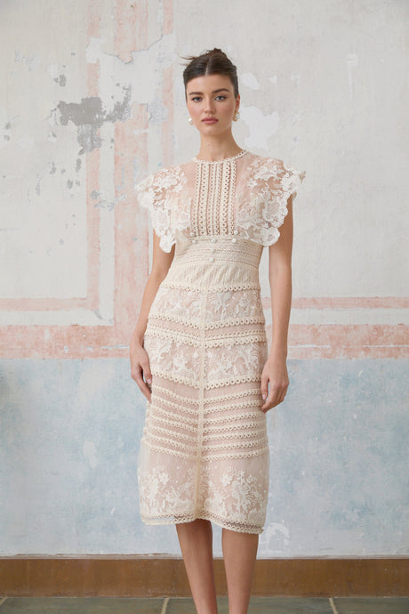Aurohaya Fleur floral-embroidered lace midi dress in Neutrals