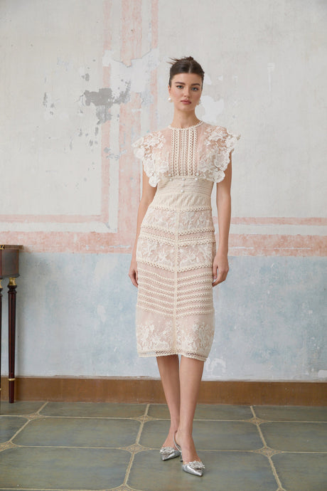 Aurohaya Fleur floral-embroidered lace midi dress in Neutrals