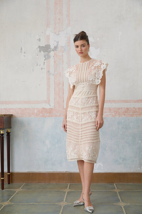 Aurohaya Fleur floral-embroidered lace midi dress in Neutrals
