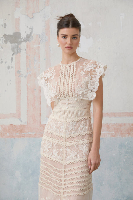 Aurohaya Fleur floral-embroidered lace midi dress in Neutrals