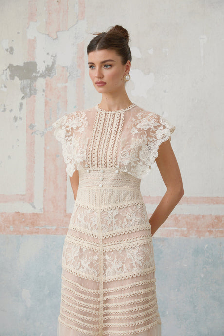 Aurohaya Fleur floral-embroidered lace midi dress in Neutrals