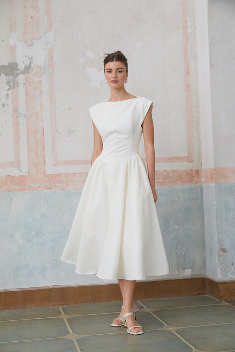 Aurohaya Amandine white open-back cap-sleeve midi dress