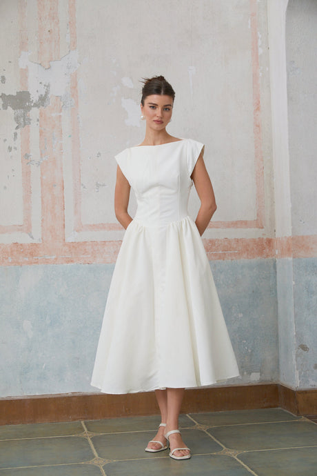 Aurohaya Amandine white open-back cap-sleeve midi dress