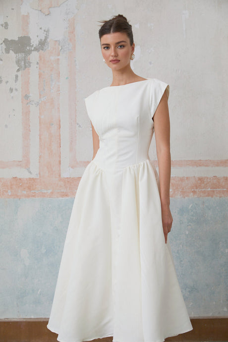 Aurohaya Amandine white open-back cap-sleeve midi dress