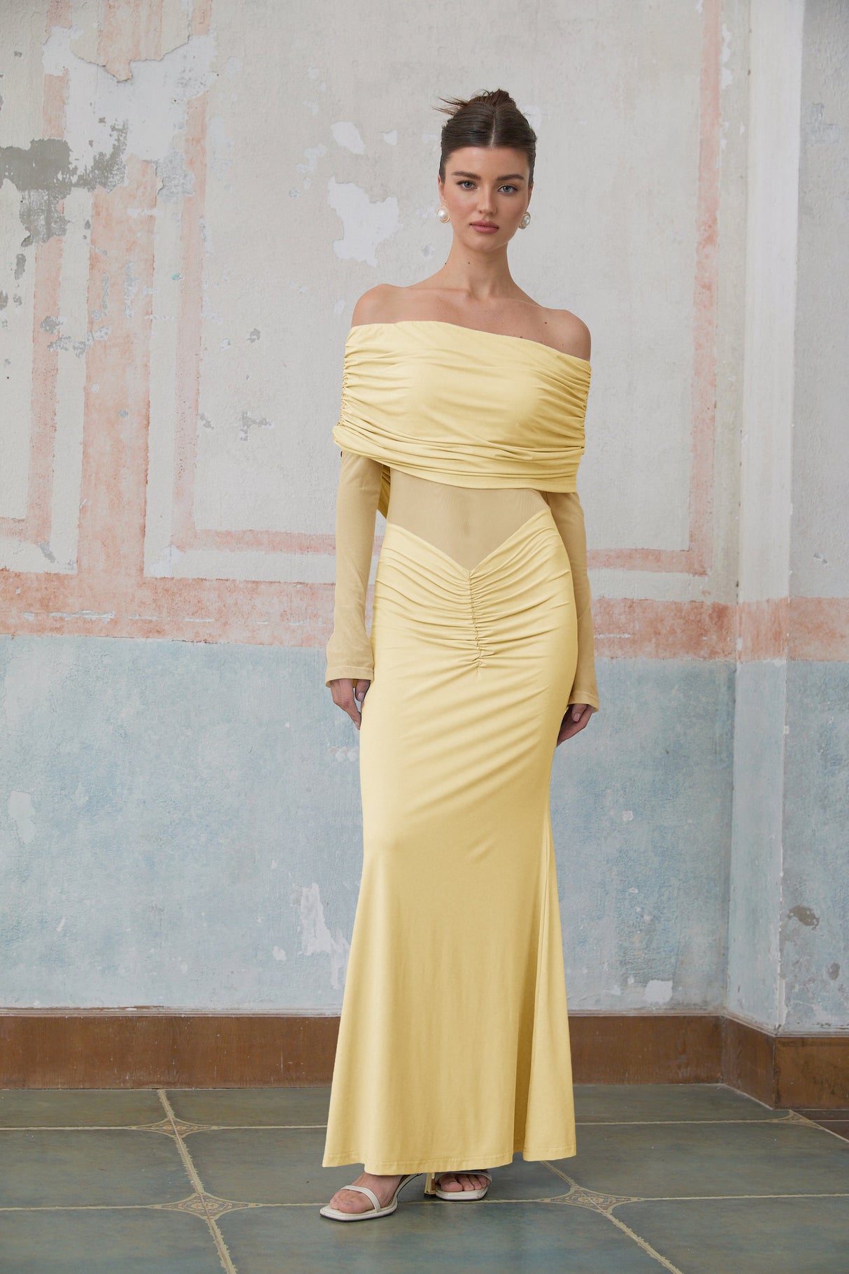 Aurohaya Ninon Yellow Off Shoulder Ruched Maxi Dress