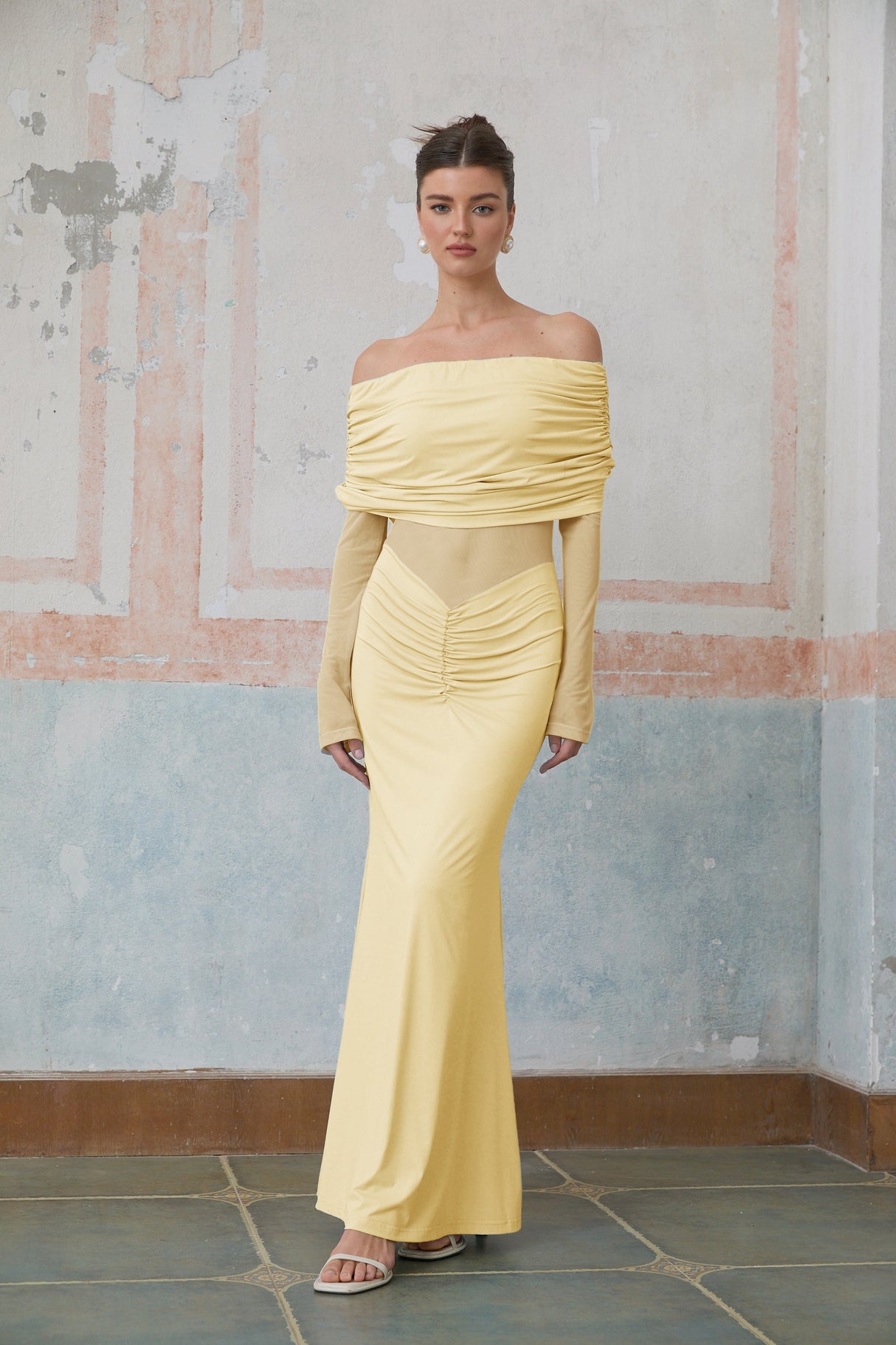 Aurohaya Ninon Yellow Off Shoulder Ruched Maxi Dress