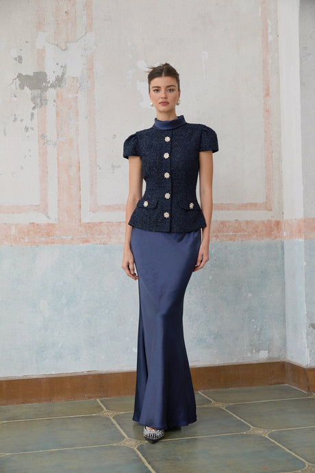 Aurohaya Josette blue peplum-waist panelled maxi dress