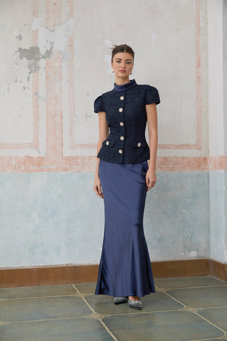 Aurohaya Josette blue peplum-waist panelled maxi dress