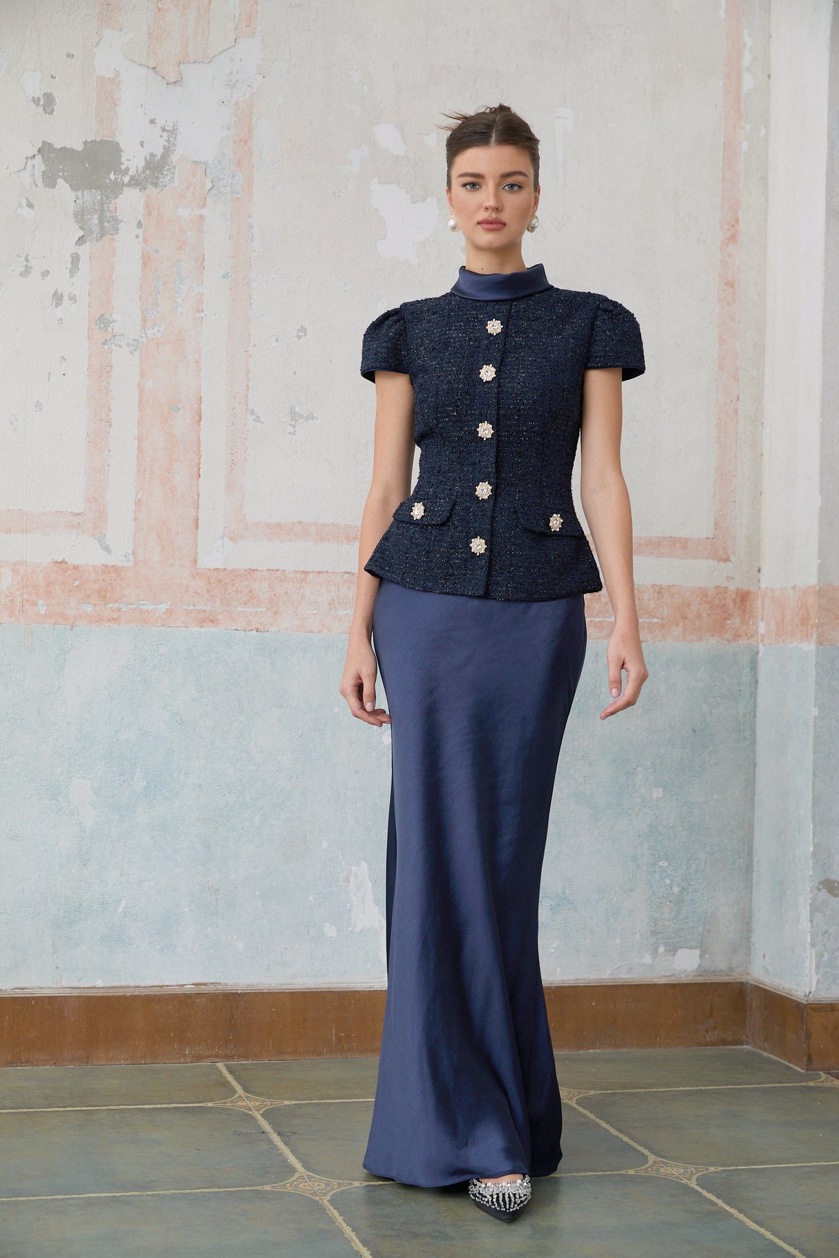 Aurohaya Josette blue peplum-waist panelled maxi dress