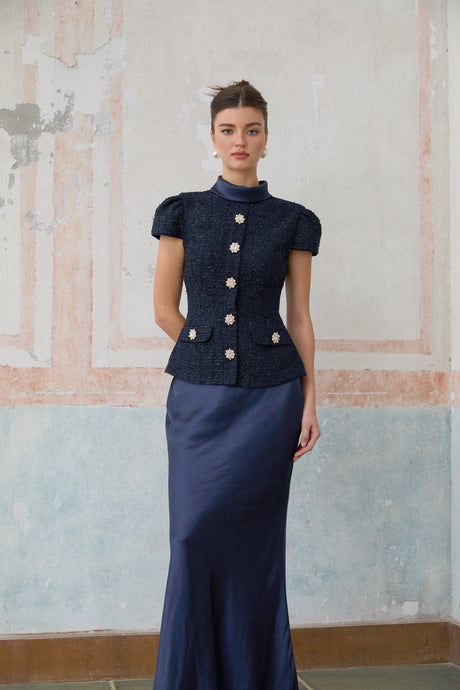 Aurohaya Josette blue peplum-waist panelled maxi dress
