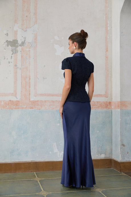 Aurohaya Josette blue peplum-waist panelled maxi dress