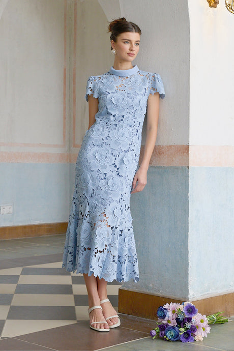 Aurohaya Aurore Blue Floral Appliqué Lace Midi Dress