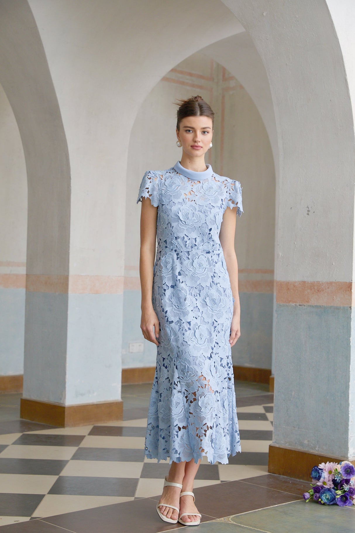 Aurohaya Aurore Blue Floral Appliqué Lace Midi Dress