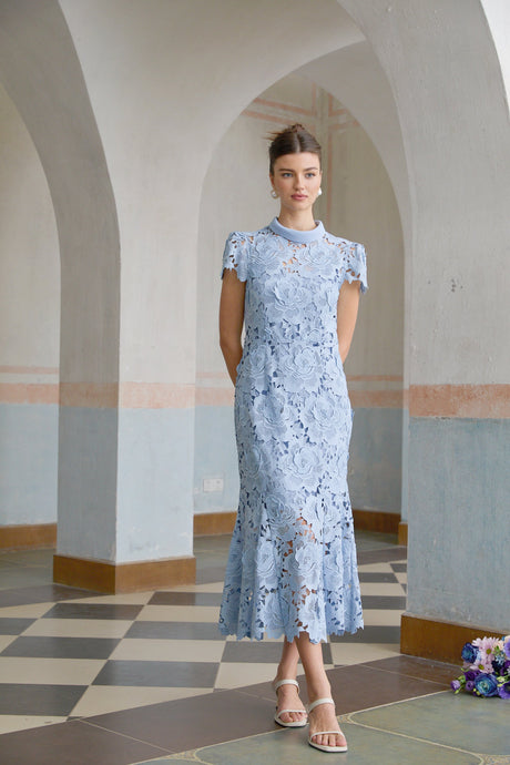 Aurohaya Aurore Blue Floral Appliqué Lace Midi Dress