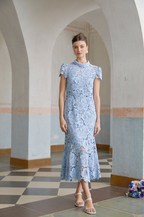 Aurohaya Aurore Blue Floral Appliqué Lace Midi Dress