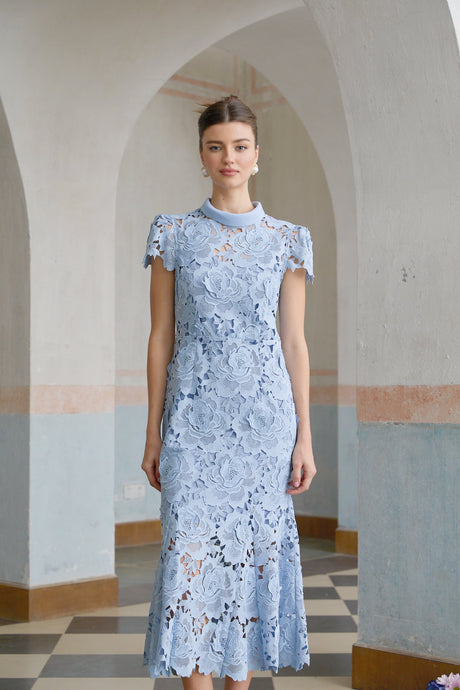 Aurohaya Aurore Blue Floral Appliqué Lace Midi Dress