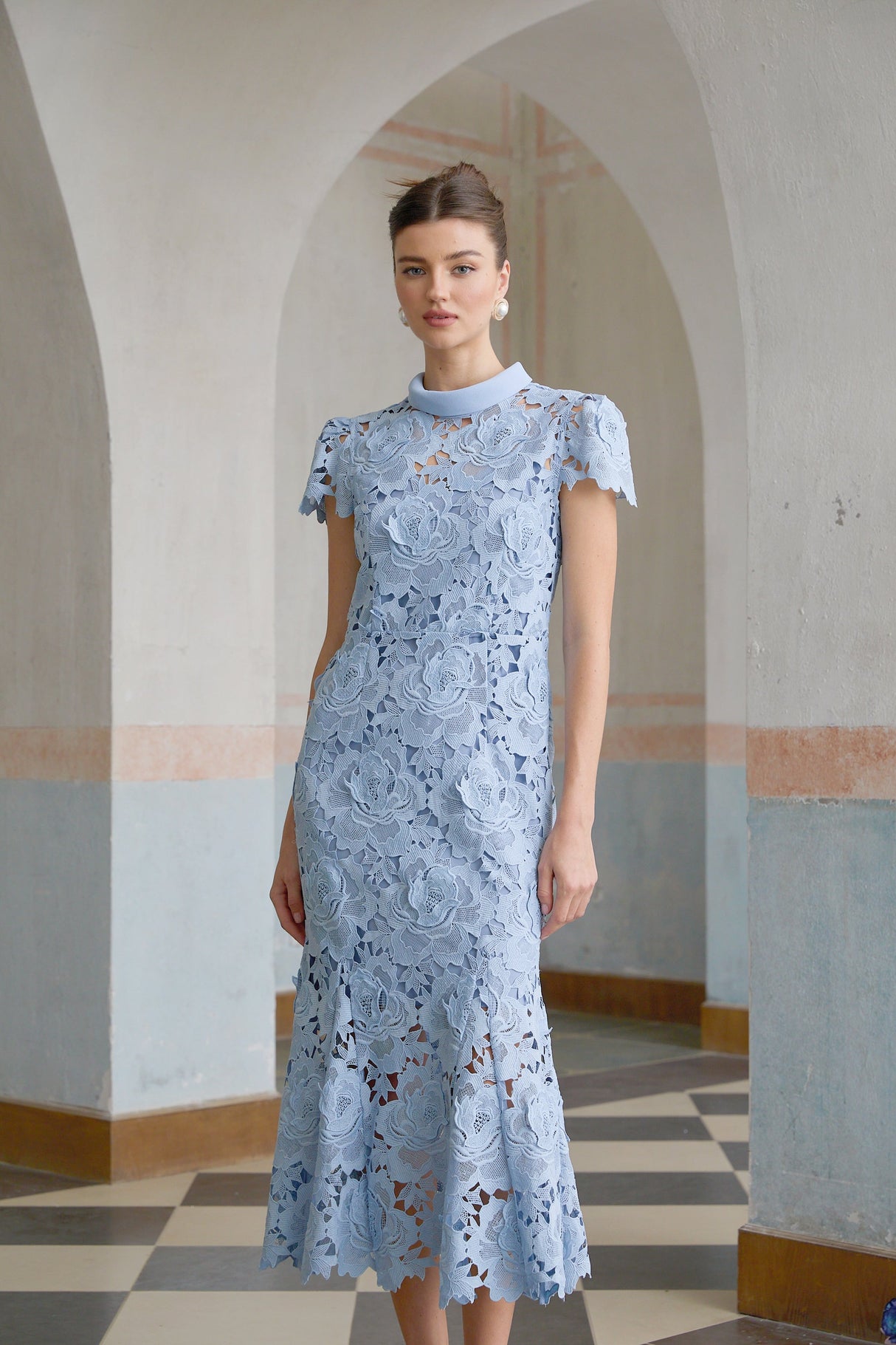 Aurohaya Aurore Blue Floral Appliqué Lace Midi Dress